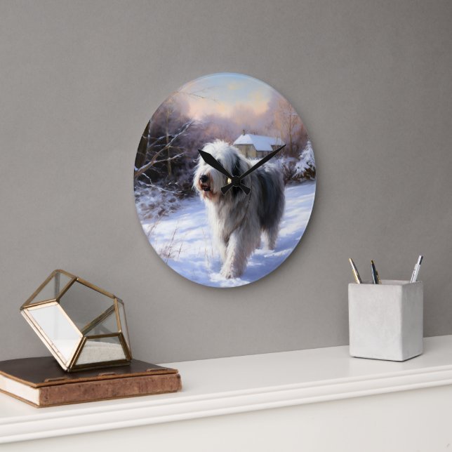 Reloj Redondo Grande El viejo pastor inglés deja que nieva a los Navida (Oficina)