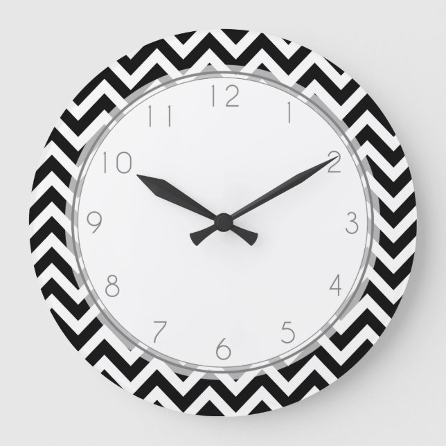 Reloj Redondo Grande El zigzag blanco y negro raya el modelo (Anverso)