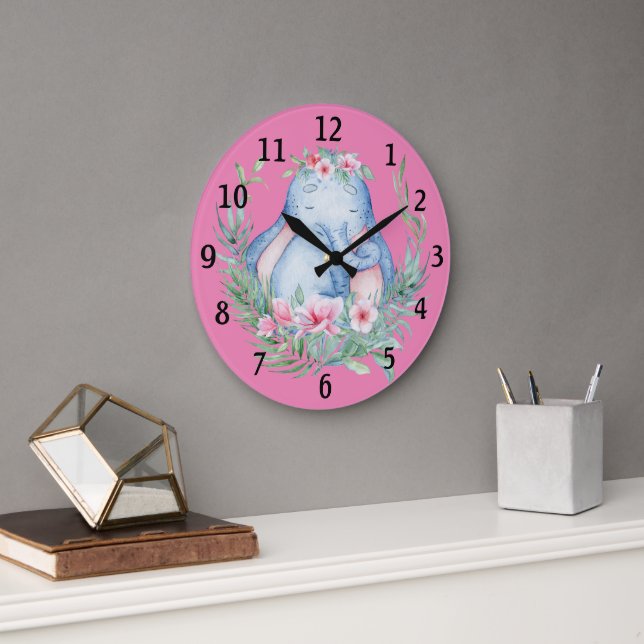 Reloj Redondo Grande Elefante Adorable Sleepy IPnk Floral Baby Nursery (Oficina)