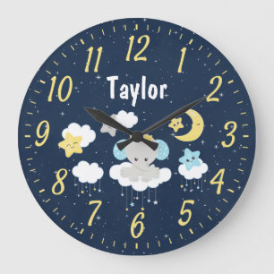 Reloj Redondo Grande Elefante Amarillo y Azul Marino