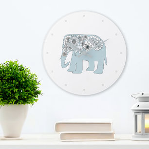 Reloj Redondo Grande Elefante Azul Paisley Boho Chic