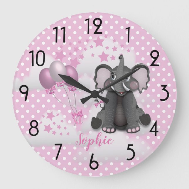 Reloj Redondo Grande Elefante Cute Balones Bebé Niña Nursera Rosa (Anverso)