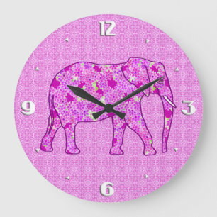 Reloj Redondo Grande elefante de flores - orquídea y magenta