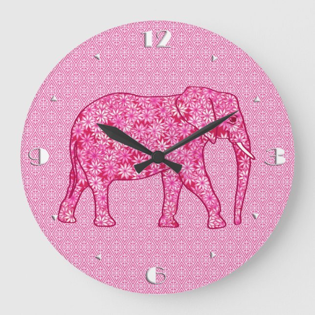 Reloj Redondo Grande Elefante de las flores - rosa fucsia (Anverso)