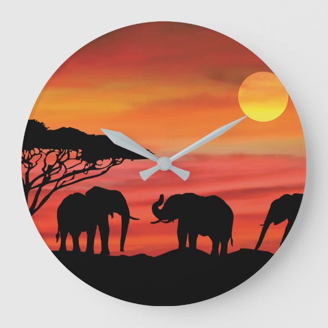 Reloj Redondo Grande Elefante en la puesta de sol de Serengeti (Anverso)