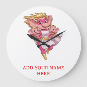 Reloj Redondo Grande Elefante Superheroe Mamá de Gemelos Personalizado 