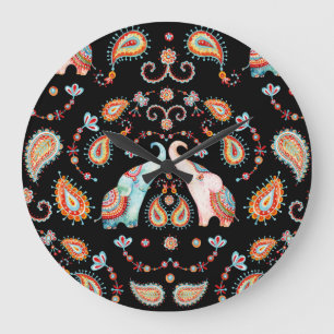 Reloj Redondo Grande Elefante Tribal: Patrón Paisley de acuarela.