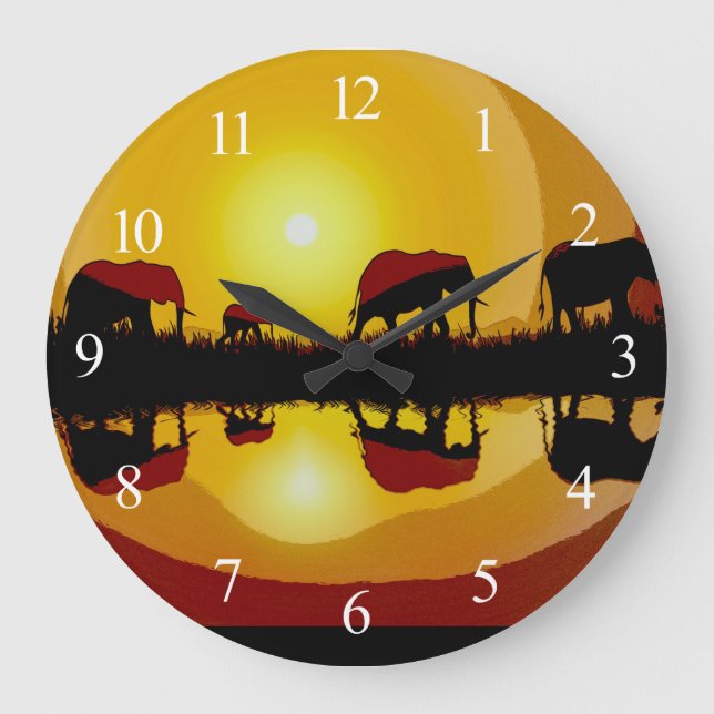 Reloj Redondo Grande Elefantes africanos de atardecer  (Anverso)