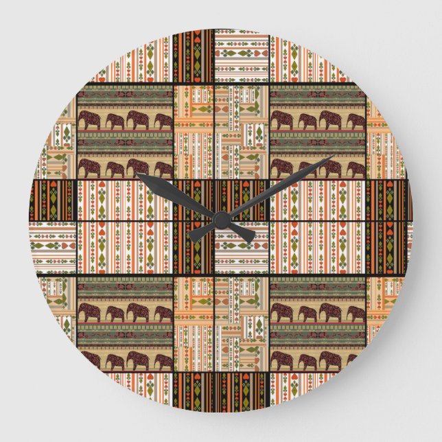 Reloj Redondo Grande Elefantes africanos de patchwork: Textura fundamen (Anverso)