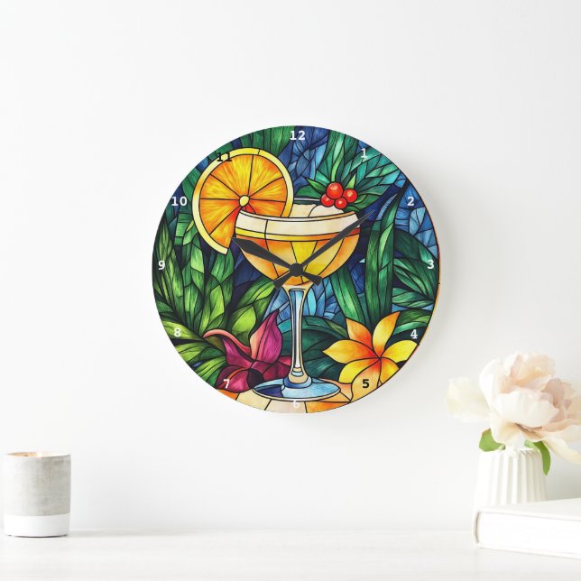 Reloj Redondo Grande Elegancia de cóctel tropical" - Vidrio manchado (Hogar)