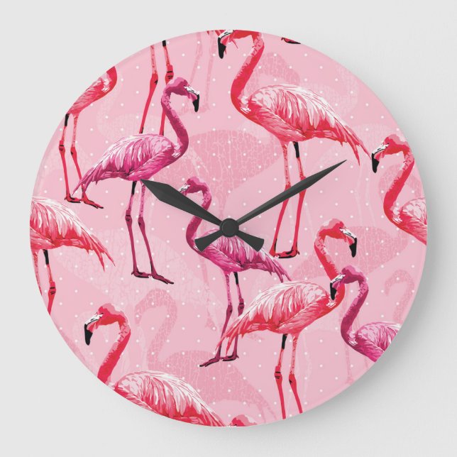 Reloj Redondo Grande Elegancia De Flamingo: Patrón De Aves Rosa. (Anverso)