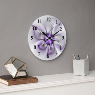 Reloj Redondo Grande Elegancia floral arte contemporáneo abstracto viol