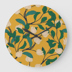 Reloj Redondo Grande Elegancia Floral: Patrón de Leafy Vintage.