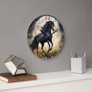 Reloj Redondo Grande Elegancia lunar: caballo negro de fantasía con lun