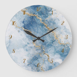 Reloj Redondo Grande Elegant Blue Gold Glitter Abstract Flow           