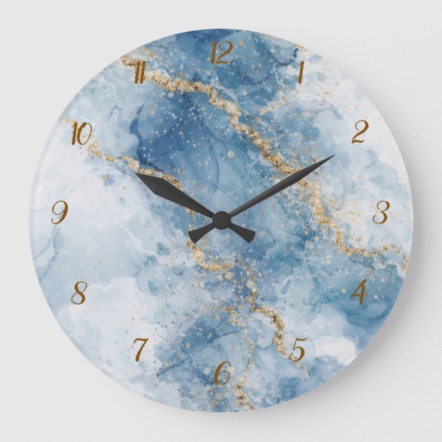 Reloj Redondo Grande Elegant Blue Gold Glitter Abstract Flow            (Anverso)