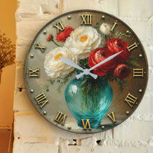 Reloj Redondo Grande Elegant Floral Peonies Red Ranunculus Turquoise