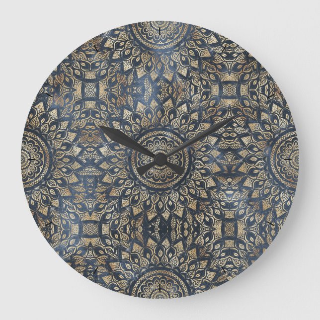 Reloj Redondo Grande Elegant Gold Blue Mandala Floral (Anverso)