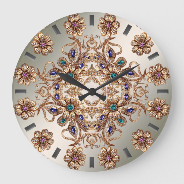Reloj Redondo Grande Elegant Gold Jewel Flowers Wall Clock (Anverso)
