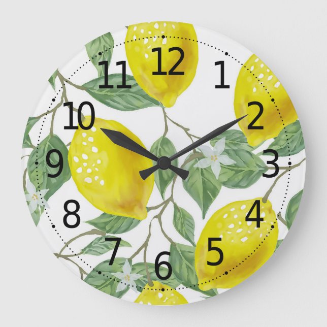Reloj Redondo Grande Elegant Green Leaves & Yellow Lemons | Wall Clock (Anverso)