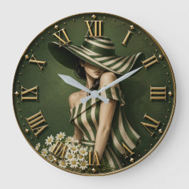 Reloj Redondo Grande Elegant Green Striped Lady  with Wide Brim Hat 