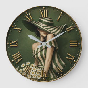 Reloj Redondo Grande Elegant Green Striped Lady with Wide Brim Hat