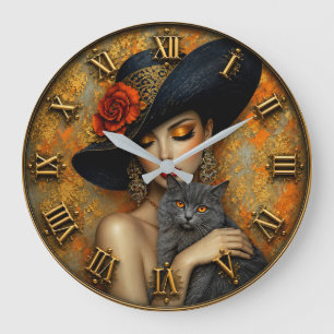 Reloj Redondo Grande Elegant Lady & Gray Cat Luxury Fashion Art