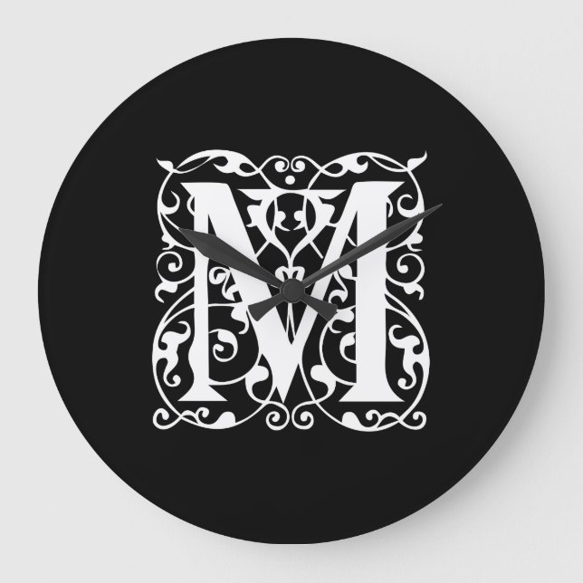 Reloj Redondo Grande Elegant Letter M White on Black Monogram (Anverso)
