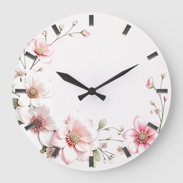 Reloj Redondo Grande Elegant Pink White Floral Wall Clock (Anverso)