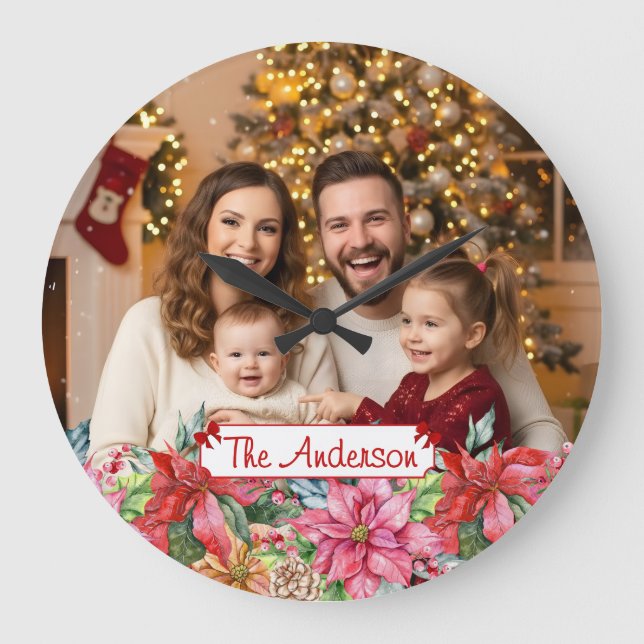 Reloj Redondo Grande Elegant Poinsettia Floral Border Custom Photos (Anverso)