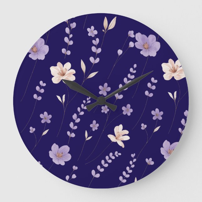 Reloj Redondo Grande  Elegant Purple & Beige Floral Pattern (Anverso)