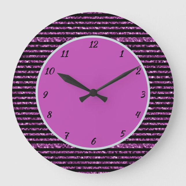 Reloj Redondo Grande Elegant Purple Glitter Black Stripe Glam Sparkle L (Anverso)