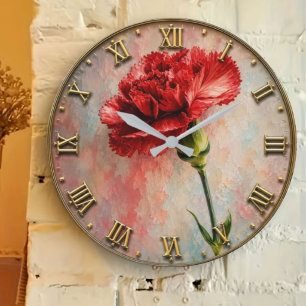 Reloj Redondo Grande Elegant Red Carnation Vintage Botanical Floral Dec