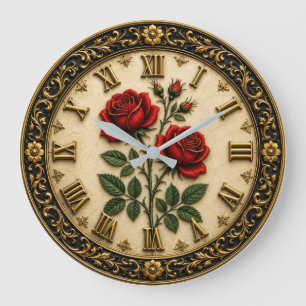 Reloj Redondo Grande Elegant Red Rose Floral Vintage Ornate Black Gold 