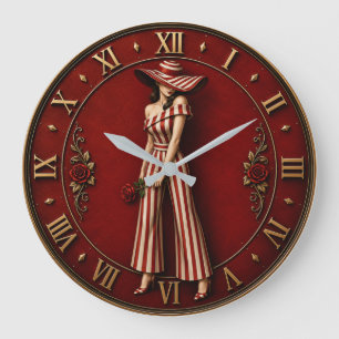 Reloj Redondo Grande Elegant Red Striped Fashion Lady Glamour Rose