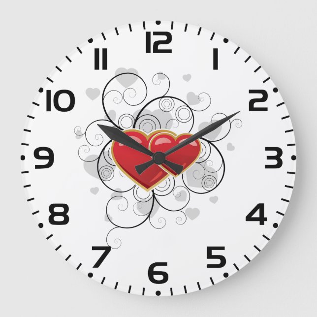 Reloj Redondo Grande Elegant Red Twin Hearts with Flourish Swirls (Anverso)