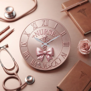Reloj Redondo Grande Elegant Rose Gold Nurse Caduceus Bow Medical