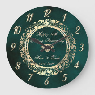Reloj Redondo Grande Elegant Swirls Verde 25 Aniversario de Boda 