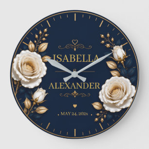 Reloj Redondo Grande Elegant White and Gold Rose on Navy Blue 