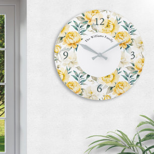 Reloj Redondo Grande Elegante Acuarela Floral Amarilla Personalizada