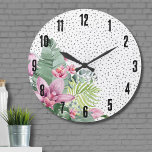 Reloj Redondo Grande Elegante acuarela floral tropical<br><div class="desc">Un diseño tropical que abarca la belleza tranquila de la naturaleza, mezclada con un toque lúdico. Mezcla de hojas tropicales verdes tranquilizantes, como hojas de plátano, palmas, hojas de monstera y plantas de princesas rosas, junto con flores orquídeas moradas y flores de protea tranquilizantes, entrelazadas con otros follajes. Añadiendo un...</div>