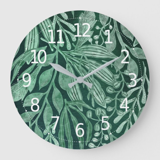 Reloj Redondo Grande Elegante acuarela Obra de arte de hojas verdes bot (Anverso)