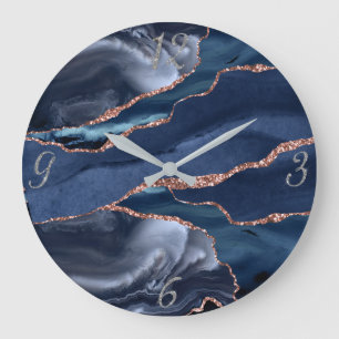 Reloj Redondo Grande Elegante Agate de Oro de la Marina Resumen Número