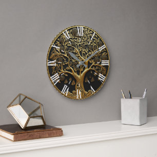 Reloj Redondo Grande Elegante árbol grabado en oro 