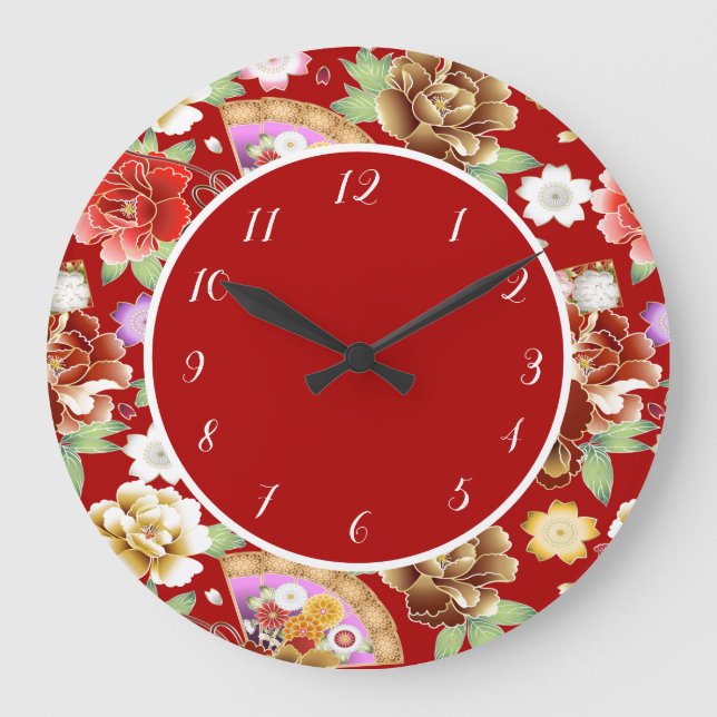 Reloj Redondo Grande Elegante artista asiático japonés fanático rojo fl (Anverso)