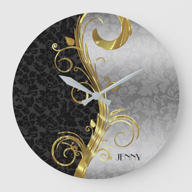 Reloj Redondo Grande Elegante Black Silver Damask Gold Swirls (Anverso)