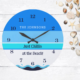 Reloj Redondo Grande Elegante Blue Stripes Wave Family Name Beach House