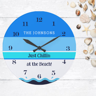 Reloj Redondo Grande Elegante Blue Stripes Wave Family Name Beach House