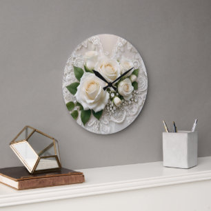 Reloj Redondo Grande Elegante Boda Blanco Y Rosas,