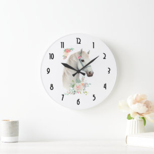 Reloj Redondo Grande Elegante Boho Floral de caballos blancos